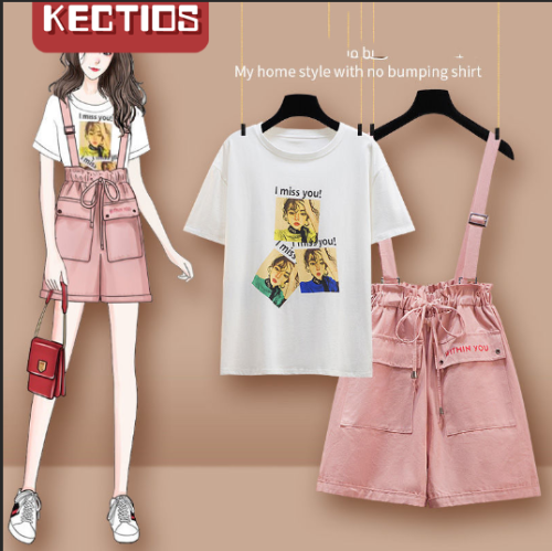【Kectios™】夏季學院風套裝女學生韓版寬鬆印花T卹+收腰休閒背帶短褲兩件套