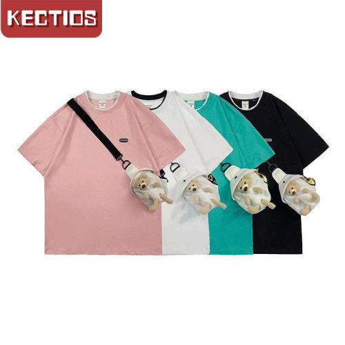 【Kectios™】小熊T恤韓版寬鬆原宿風設計感配包男女情侶假兩件短袖