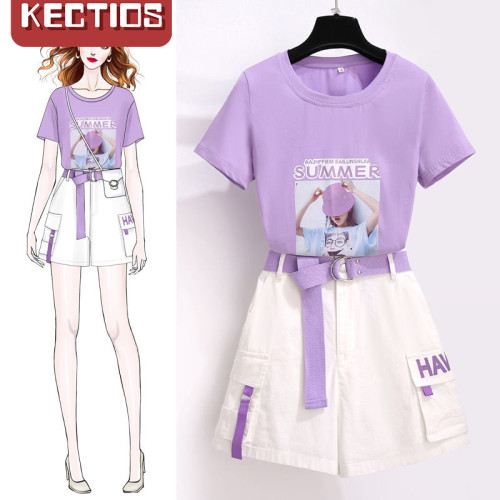 【Kectios™】單/套裝女夏2021新款小個子氣質洋氣減齡女生夏季時尚短褲兩件套【短褲送腰帶哦】
