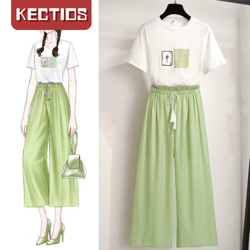 【Kectios™  】單件/套裝女韓版夏新款牛油果綠時尚學生寬鬆T卹闊腿褲兩件套