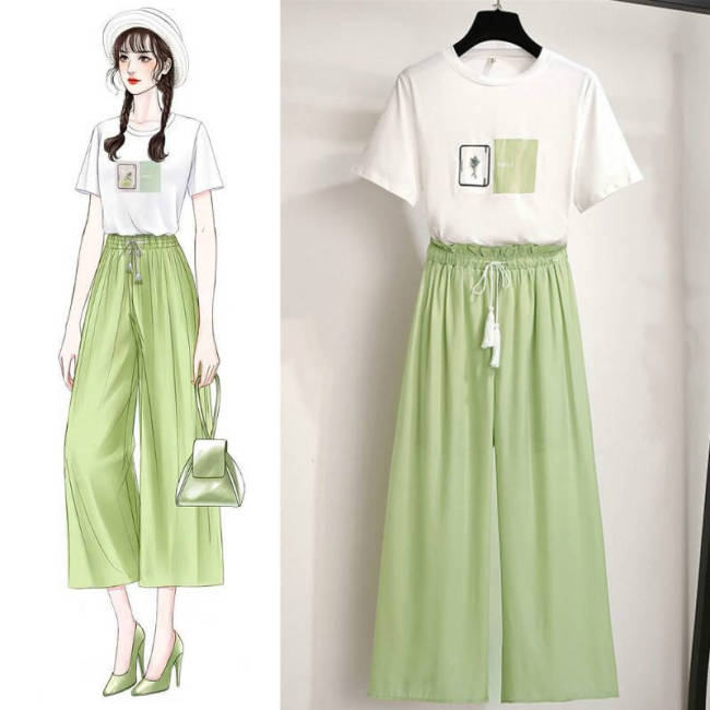 【Kectios™  】單件/套裝女韓版夏新款牛油果綠時尚學生寬鬆T卹闊腿褲兩件套