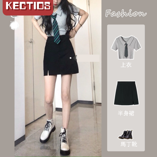 【Kectios™  】甜辣風高腰開叉包臀半身裙套裝女學生夏季新款polo領短袖襯衫上衣