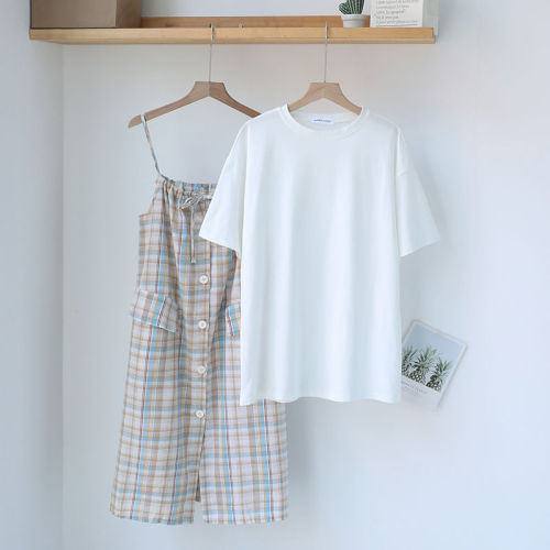 【Kectios™  】韓版寬鬆格子連衣裙中長款吊帶裙+t恤兩件套