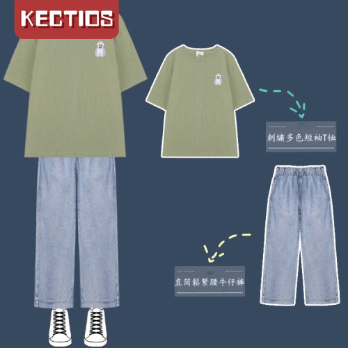 【Kectios™ 】 套裝女夏夏季薄款牛仔褲女學生韓版寬鬆顯瘦直筒九分褲+ t恤兩件套
