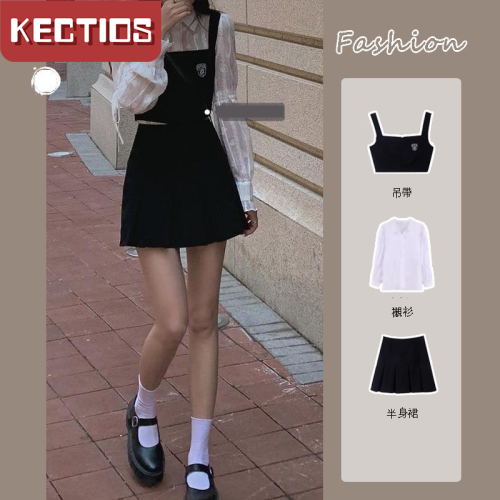 【Kectios™  】甜辣風高腰百褶半身裙三件套裝女夏新款吊帶背心小眾長袖襯衫上衣