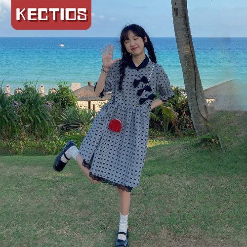 【Kectios™  】日系古著感vintage裙子復古甜美蝴蝶結灰色連衣裙女夏【7月10日之前发货】预售
