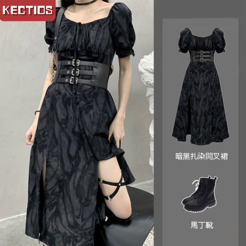 【Kectios™  】暗黑紮染開叉長裙泡泡袖設計感連衣裙