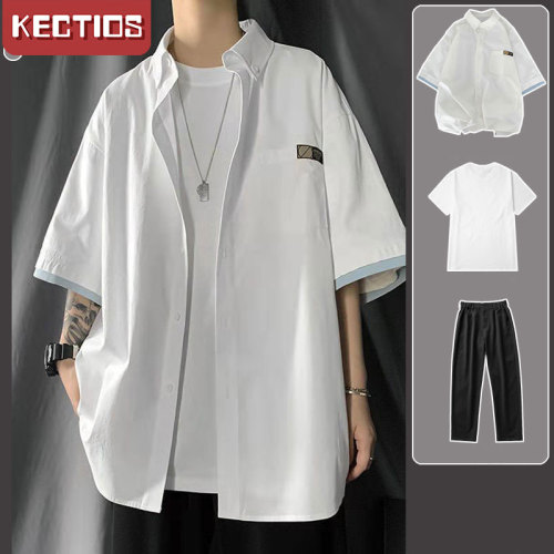 【Kectios™  】港風短袖襯衫潮流純色痞帥氣外套【三件套】