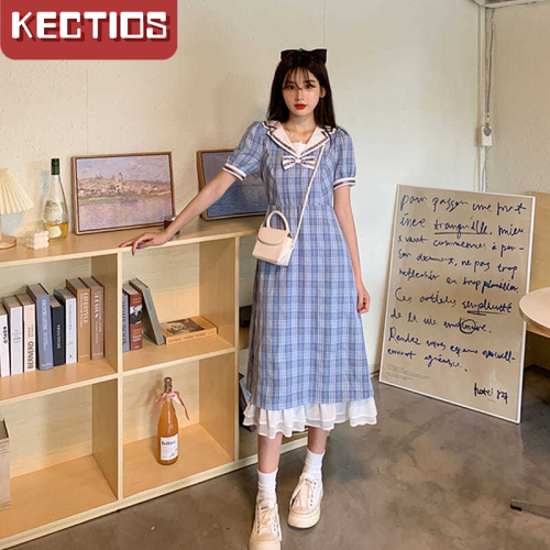 【Kectios™  】格子泡泡袖連衣裙女夏季2021新款法式初戀溫柔風小個子氣質長裙子
