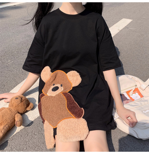 【Kectios™  】潮牌男女同款毛絨小熊裝飾拼接短袖T恤