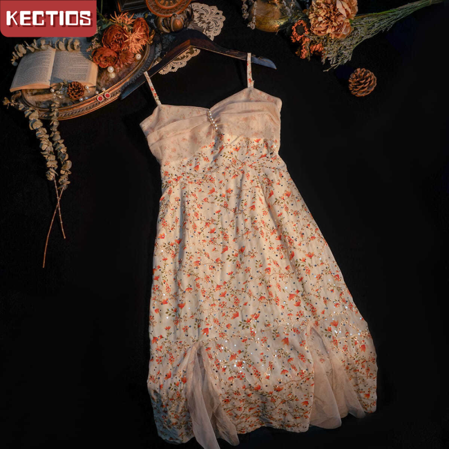 【Kectios™  】珍珠吊帶裙子女夏碎花裙收腰顯瘦修身裙子溫柔風連衣裙