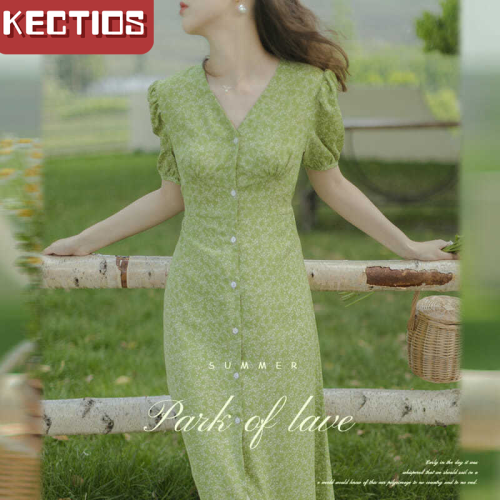 【Kectios™  】法式初戀溫柔風綠色碎花v領連衣裙森系復古茶歇繫帶顯瘦氣質長裙