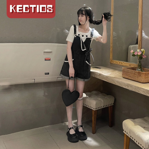 【Kectios™  】鹽系牛仔背帶短褲女夏季薄款寬鬆直筒高腰闊腿