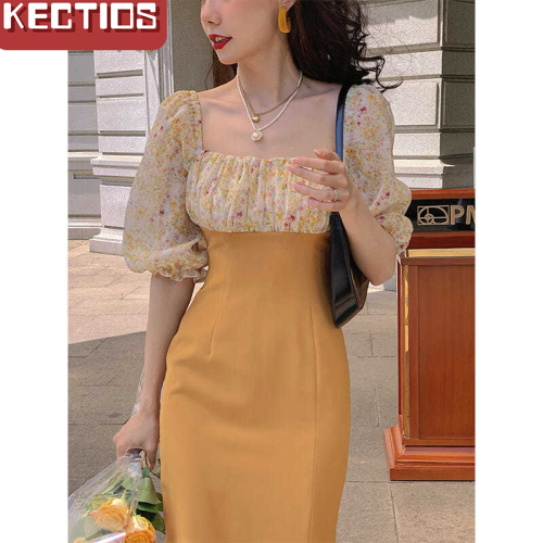 【Kectios™  】鵝黃色茶歇碎花連衣裙2021新款夏季純欲風修身氣質方領包臀連衣裙