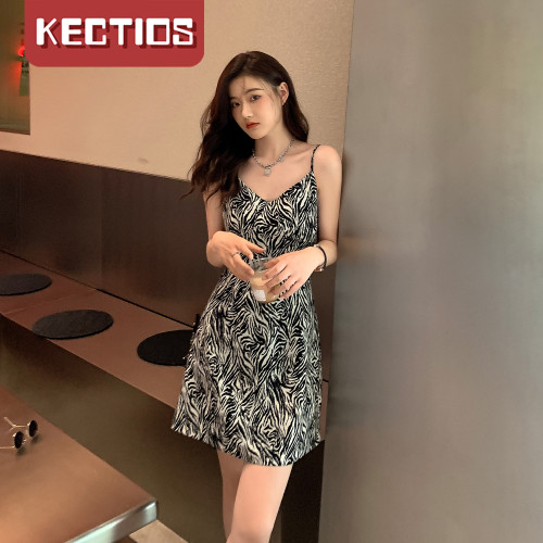 【Kectios™  】 豹紋鏈條肩帶連衣裙女夏小個子性感吊帶裙