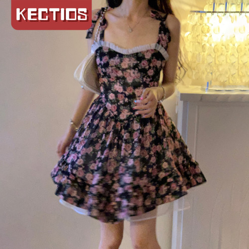 【Kectios™  】玫瑰雪紡碎花蕾絲邊高腰蝴蝶結吊帶連衣裙