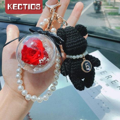 【Kectios™  】日韓針織小熊鑰匙扣勾線珍珠玫瑰永生花掛件