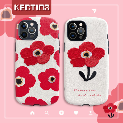 【Kectios™ 】刺繡大紅花仿皮手機殼 舒適質感 弧形防摔殼