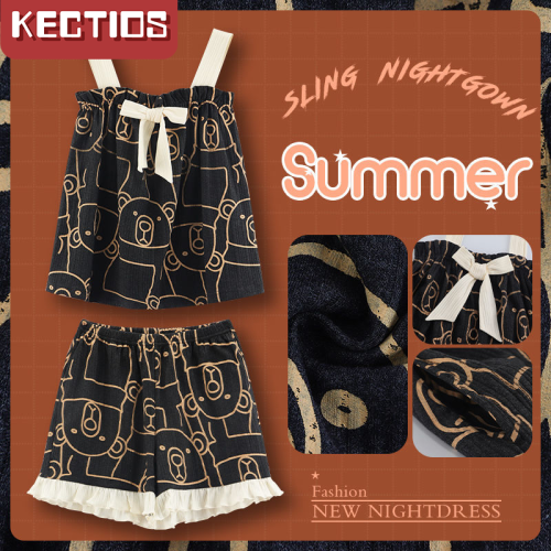【Kectios™】背心睡衣女夏季純棉吊帶短褲兩件套學生可愛夏天家居服薄款