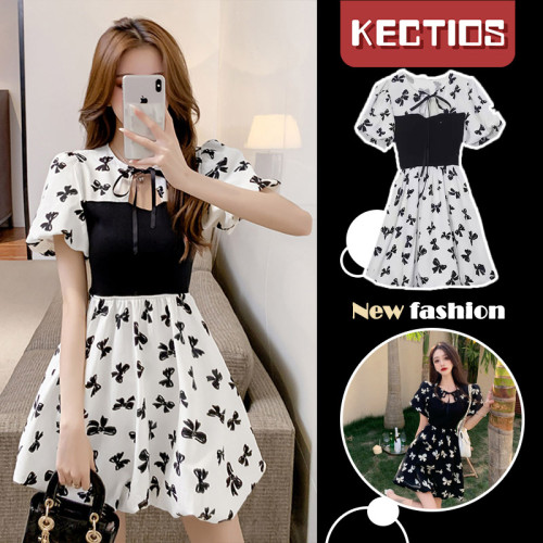 【Kectios™】黑白蝴蝶結收腰連衣裙設計感泡泡袖顯瘦蓬蓬裙