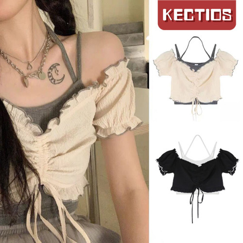 【Kectios™】2021新款夏季甜美短衫褶皺設計可愛一字肩+掛脖小吊帶