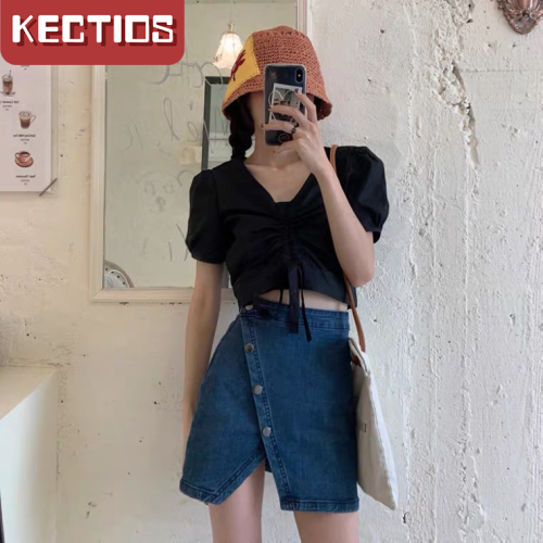 【Kectios™】兩件套裝韓風chic雙層荷葉邊繫帶短上衣女+高腰不規則包臀半身裙