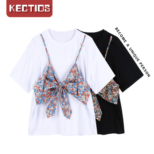 【Kectios™】假兩件碎花短袖T恤女裝2021年夏季新款法式設計感上衣