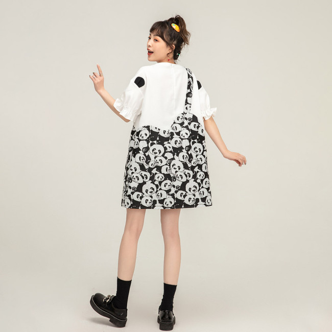 【Kectios™ 】設計感可愛熊貓提花短袖連衣裙2021夏季新款寬鬆圓領白色T恤裙子