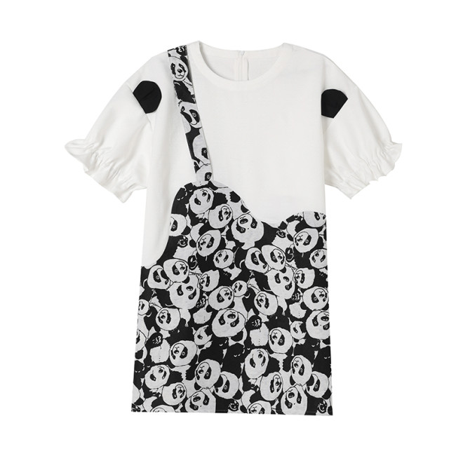【Kectios™ 】設計感可愛熊貓提花短袖連衣裙2021夏季新款寬鬆圓領白色T恤裙子
