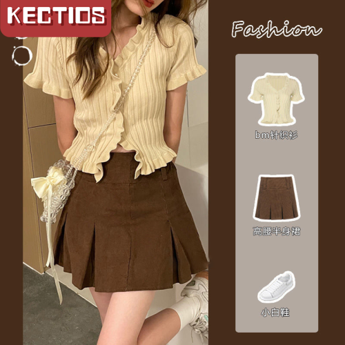 【Kectios™ 】甜辣BM風針織短袖上衣套裝女夏季新款高腰顯瘦百褶半身裙子兩件套【預售款】