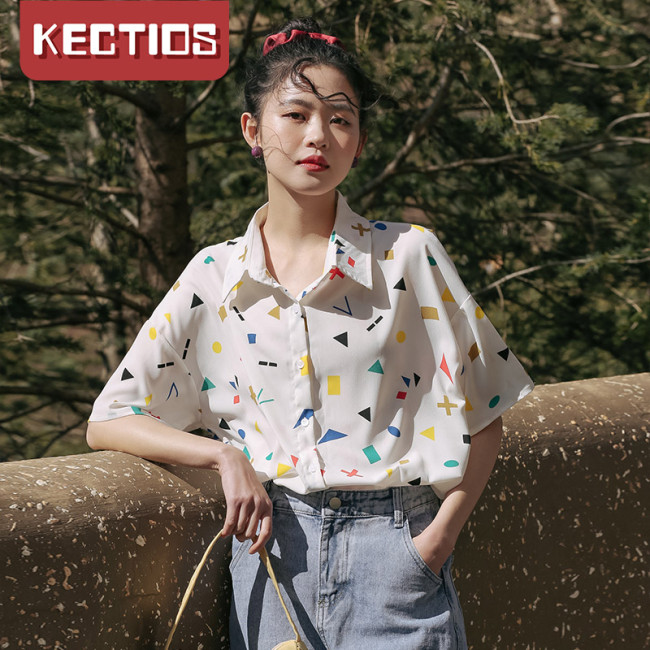 【Kectios™】ins復古港風簡約幾何印花短袖襯衫女春夏2021新款韓版寬鬆百搭洋氣上衣