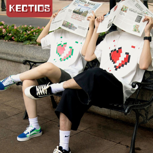 【Kectios™】馬賽克愛心印花寬鬆休閒情侶T恤