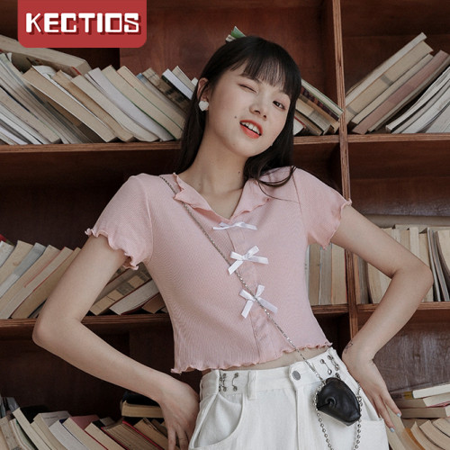 【Kectios™ 】蝴蝶結薄款短袖針織上衣女夏季新款半開領木耳邊短款修身t恤