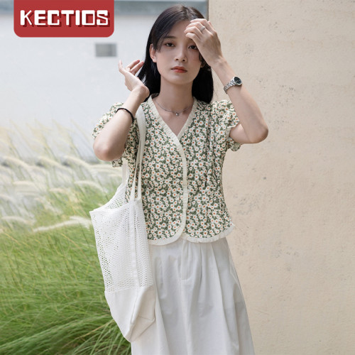 【Kectios™ 】木耳邊碎花襯衫女設計感別致小眾甜酷泡泡袖短款上衣女