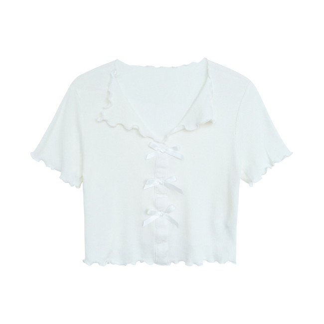 【Kectios™ 】蝴蝶結薄款短袖針織上衣女夏季新款半開領木耳邊短款修身t恤