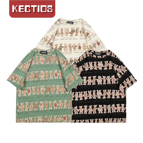 【Kectios™ 】小熊滿印街頭情侶寬鬆純棉T恤