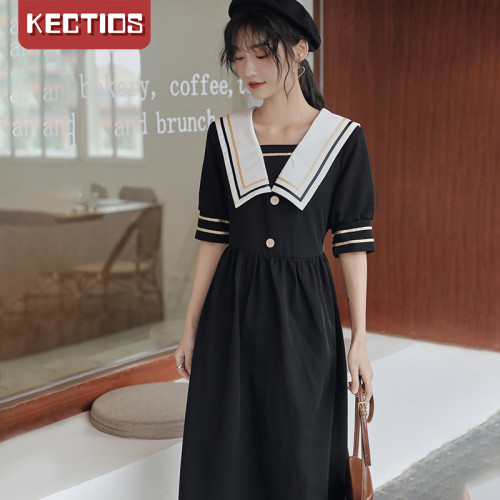 【Kectios™ 】2021年夏裝新款海軍領學院風中長款甜美連衣裙
