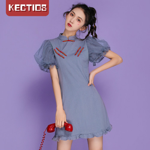 【kectios】2021夏季新款日常年輕改良版旗袍網紗泡泡袖少女連衣裙