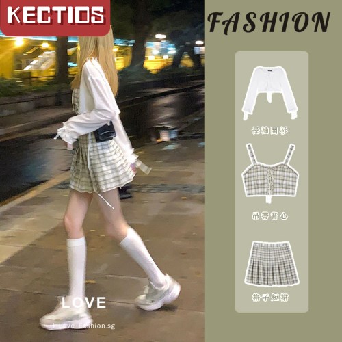 【Kectios™ 】可甜可鹽格子短裙套裝女夏季新款韓版吊帶背心上衣百褶短裙三件套