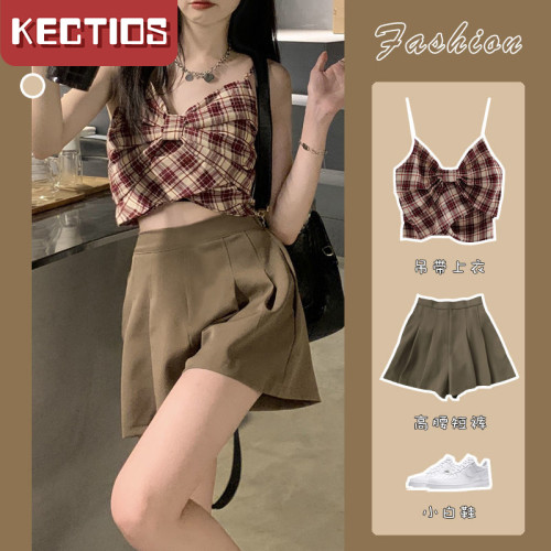 【Kectios™ 】2021夏季格子吊帶短褲兩件套可鹽可甜炸街時尚辣妹套裝裙女