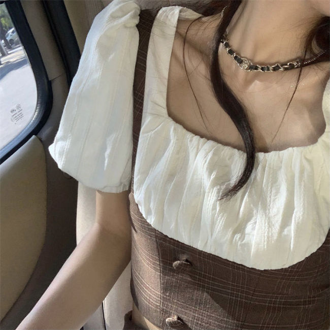 【Kectios™ 】復古法式方領巧克力拼接女主角白色連衣裙套裝