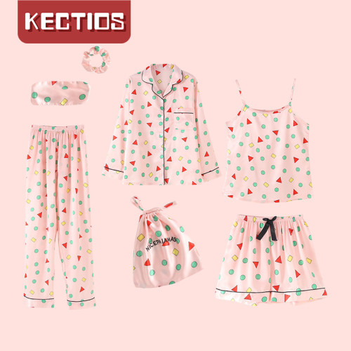 【Kectios™ 】蠟筆小新七件套仿真絲背心幾何睡衣女春夏秋季家居服套裝