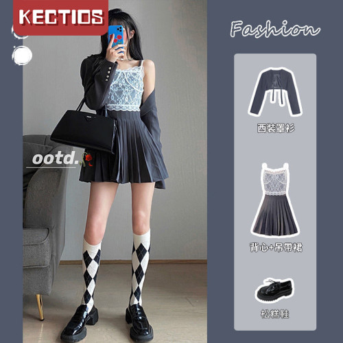 【Kectios™  】2021新款吊帶連衣裙女夏收腰百褶裙辣妹套裝純欲風裙子
