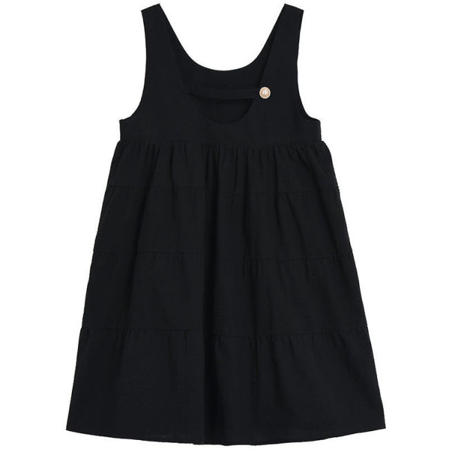 【Kectios™  】學院風連衣裙娃娃領甜美可愛泡泡袖襯衫黑色揹帶裙兩件套女夏減齡