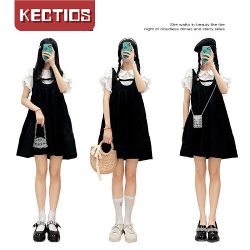 【Kectios™  】學院風連衣裙娃娃領甜美可愛泡泡袖襯衫黑色揹帶裙兩件套女夏減齡