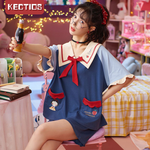 【Kectios™  】100%純棉夏季新款睡衣女純棉韓版公主風少女甜美可愛夏天可外穿家居服套裝