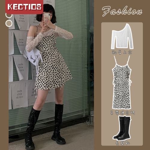 【Kectios™  】不規則性感蕾絲內搭夏季女印花吊帶收腰顯瘦連衣裙兩件套