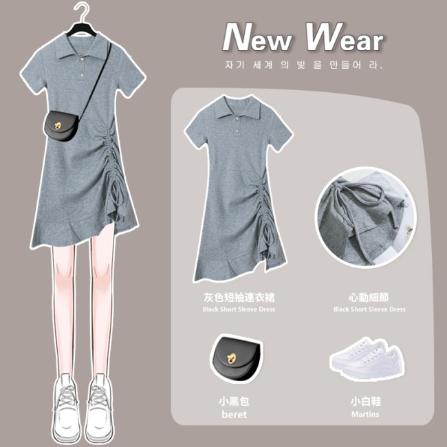 【Kectios™  】粉色polo衫休閒連衣裙女2021年夏季新款修身顯瘦收腰t恤裙