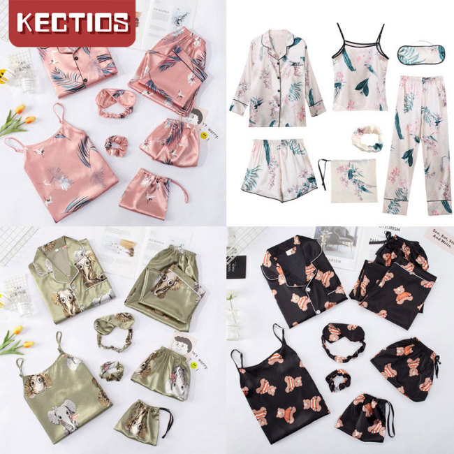 【Kectios™  】七件套睡衣女春秋可穿長袖仿真絲綢家居服冰絲套裝