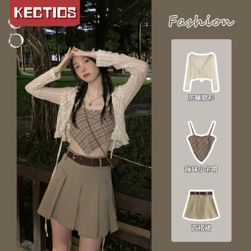 【Kectios™  】辣妹時尚套裝夏季甜辣風短款吊帶背心女裝開衫上衣百褶裙子三件套